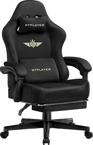 GTPLAYER sedia da gioco Poltrona da gioco ergonomica Sedia da scrivania Sedia da ufficio con superficie in tessuto Cuscino di seduta a molla, braccioli di collegamento, con poggiapiedi
