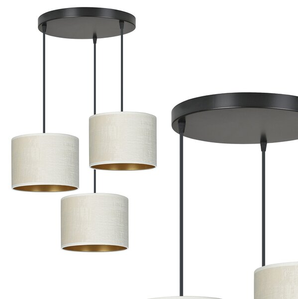 Lampadario Tondo 3 Luci Hilde In Acciaio Nero E Paralumi In Tessuto Beige