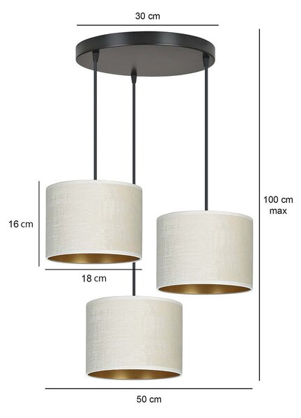 Lampadario Tondo 3 Luci Hilde In Acciaio Nero E Paralumi In Tessuto Beige