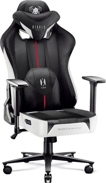 Diablo X-Player Gaming Chair Sedia da Ufficio Tessuto 3D Braccioli Design Ergonomico Cuscino Collo/Lombare Bianco/Nero Normale L