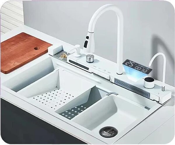 Rubinetto per lavello da cucina, design a doppia vasca, acciaio inossidabile resistente, bianco 75x45 cm Z