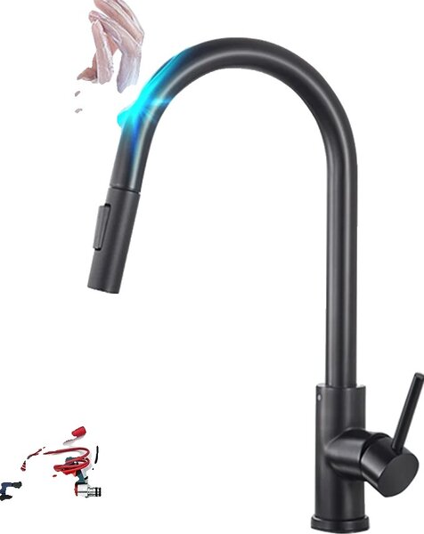 Rubinetto da cucina, acqua calda e fredda, montaggio a parete, nero opaco touch