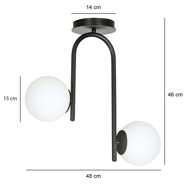 Lampadario 2 Luci Kalf In Acciaio Nero A Bracci E Sfere In Vetro Opalino