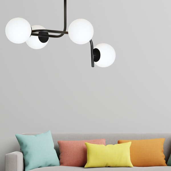 Lampadario 4 Luci Ramachandra Acciaio Nero A Bracci Curvi E Sfere Vetro Opalino