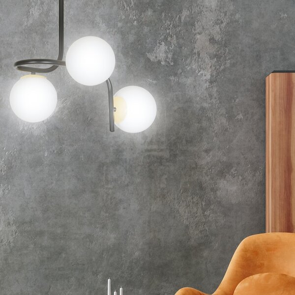 Lampadario 3 Luci Kalf Acciaio Nero A Bracci E Sfere In Vetro Opalino E Oro