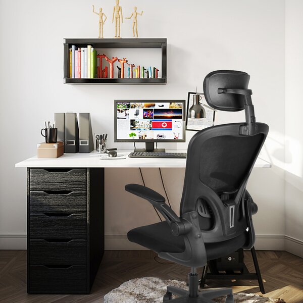 Sedia da ufficio Bigzzia, Sedia da ufficio con supporto lombare regolabile, Sedia da scrivania con schienale alto, Sedia ergonomica girevole, Sedia direzionale con poggiatesta e bracciolo pieghevole, Nero