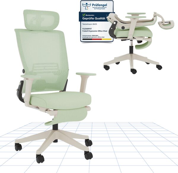 FLEXISPOT Foldex Sedia da ufficio ergonomica, sedia da ufficio pieghevole per piccoli ambienti con supporto lombare Braccioli regolabili in altezza con poggiapiedi Verde