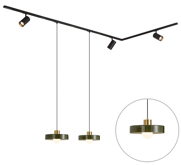 Sistema a binario moderno nero con 2 lampade a sospensione verdi e 3 faretti monofase - Iconic Jeana Luxe Jina