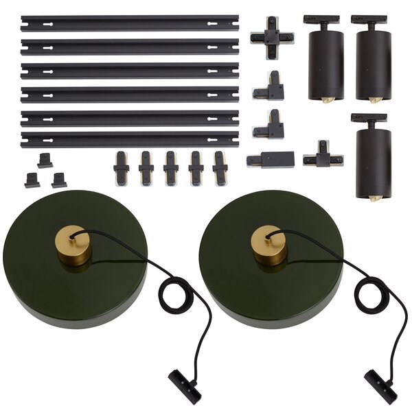 Sistema a binario moderno nero con 2 lampade a sospensione verdi e 3 faretti monofase - Iconic Jeana Luxe Jina
