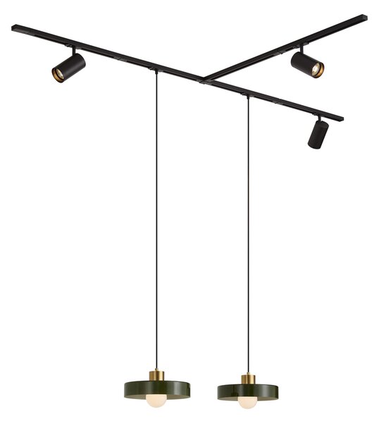 Sistema a binario moderno nero con 2 lampade a sospensione verdi e 3 faretti monofase - Iconic Jeana Luxe Jina