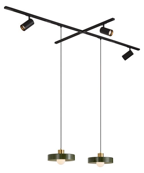 Sistema a binario moderno nero con 2 lampade a sospensione verdi e 3 faretti monofase - Iconic Jeana Luxe Jina