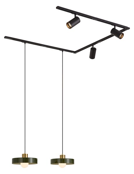 Sistema a binario moderno nero con 2 lampade a sospensione verdi e 3 faretti monofase - Iconic Jeana Luxe Jina