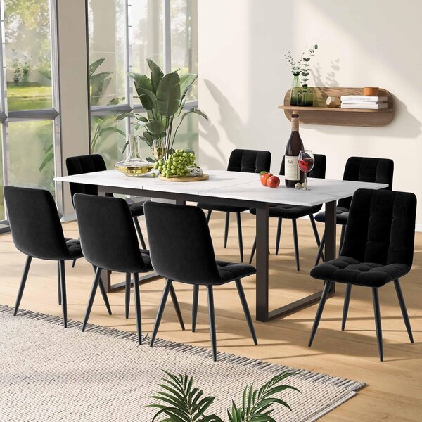 Tavolo da pranzo telescopico Fortuna Lai, 140/180x80x75 cm, gambe in ferro metallico e gambe quadrate (piano moderno in MDF bianco con motivi marmorizzati), doppio utilizzo per casa e ufficio