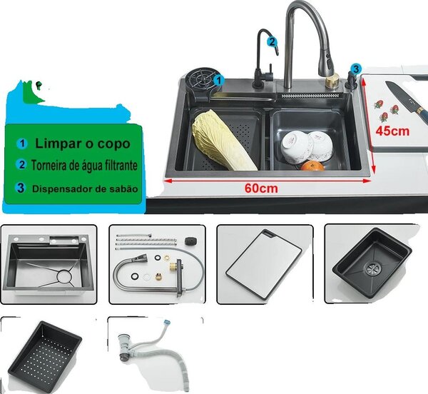 Lavello da cucina, grande monovasca, con rubinetto estraibile, grigio pistola 60x45cm