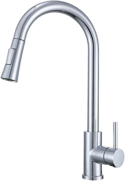 Rubinetto da cucina VBChome Acciaio inossidabile cromato con bocca estraibile, girevole a 360°, con pulsante per selezionare i tipi di getto – rubinetto moderno per lavello
