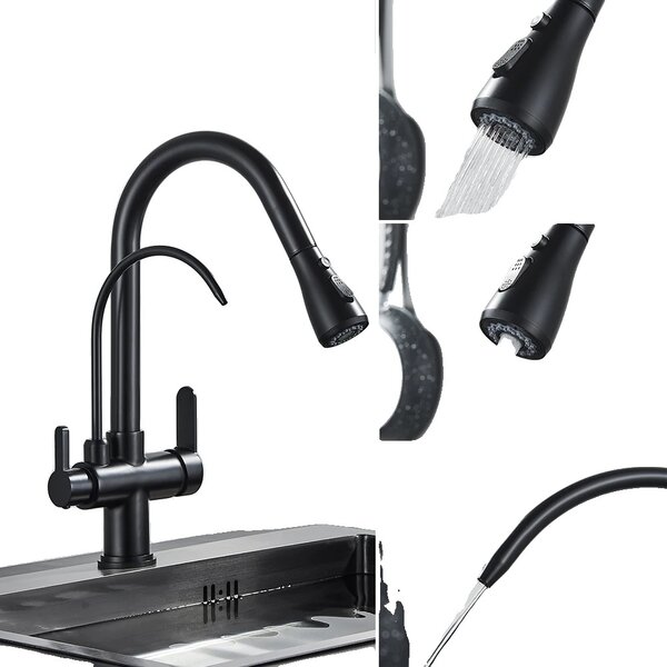 Rubinetto da cucina antico, design estraibile, doppia maniglia, nero opaco