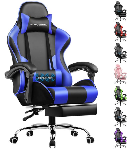 Sedia da gioco GTPLAYER, sedia da ufficio ergonomica con funzione massaggio e poggiapiedi, collegamento con maniglia, base in acciaio, blu