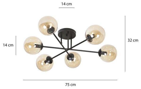 Plafoniera 6 Luci Brandi In Acciaio Nero A Bracci E Sfere In Vetro Ambra