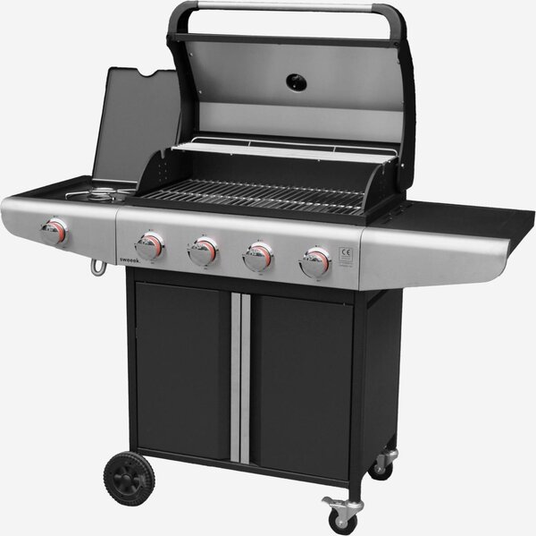 Barbecue a gas a 4 bruciatori con fuoco laterale, Nero