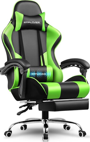 Sedia da gioco GTPLAYER, sedia da ufficio, sedia ergonomica per PC, poltrona da gioco con supporto lombare massaggiante, poggiapiedi e poggiatesta, ecopelle verde