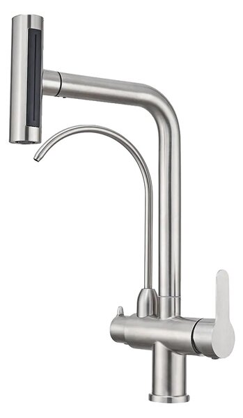 Rubinetto da cucina girevole a 360°, doppio supporto, acqua calda e fredda, acciaio inox, spazzolato