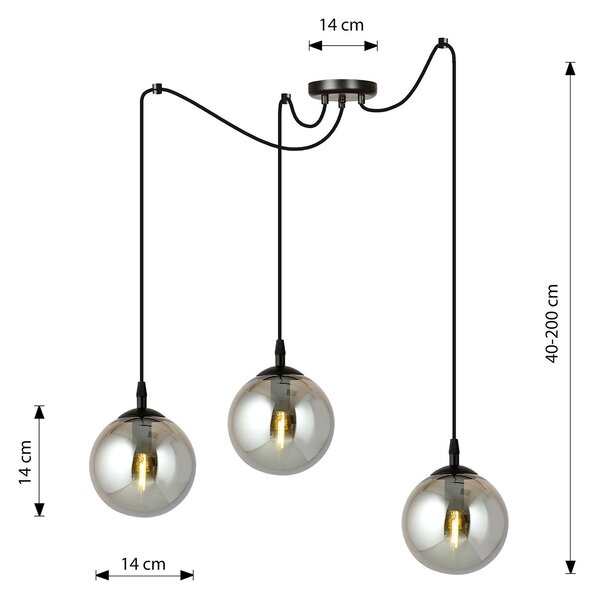 Lampadario 3 Luci Gigi In Acciaio Nero Con Cavo Lungo E Vetri Fumè