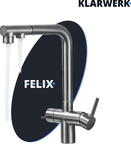Felix | Rubinetto estraibile a 3 vie premium grigio titanio | Rubinetto da cucina a osmosi in acciaio inox | Rubinetto miscelatore a 360 gradi | Filtro a 3 connessioni