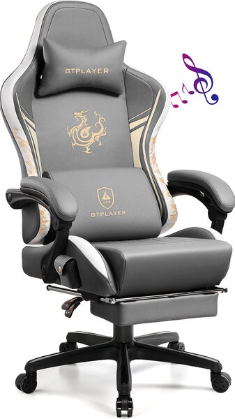 GTPLAYER Sedia da gioco Sedia da gioco con altoparlanti Bluetooth e poggiapiedi, sedia da ufficio della serie Dragon, sedia girevole ergonomica, sedia per computer grigia