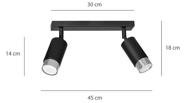 Plafoniera 2 Luci A Faretti Orientabili A Cilindro In Acciaio Nero E Cromo