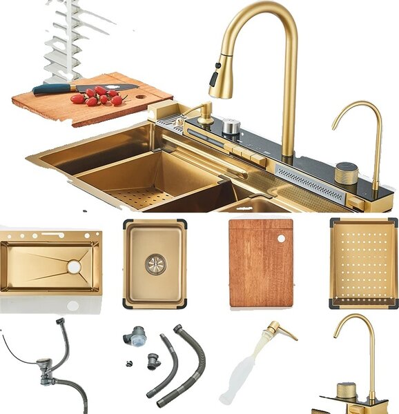 Lavello da cucina, superficie oro spazzolato, grande capacità, oro spazzolato