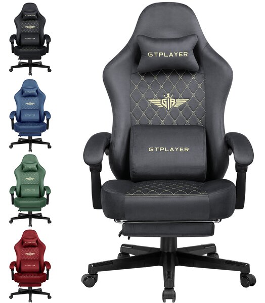 GTPLAYER Sedia da gioco in tessuto Sedia da gioco ergonomica per ufficio Sedia per PC, Sedia da scrivania regolabile e girevole con poggiapiedi, grigio