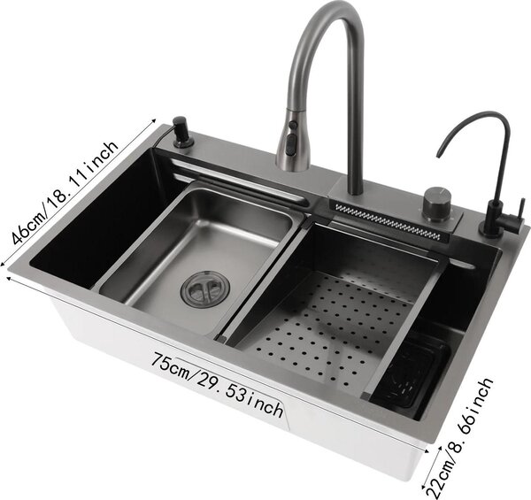 Lavello da cucina, acciaio inossidabile 304 resistente, rubinetto estraibile, nero
