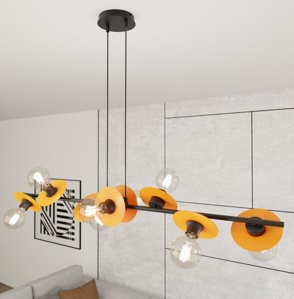 Lampadario 8 Luci Token In Acciaio Nero E Arancio Con Barra E Diffusori A Piatti