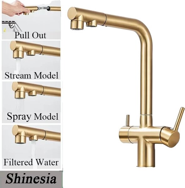 Rubinetto da cucina Cleaner, ugello estraibile, doppio comando, oro spazzolato A