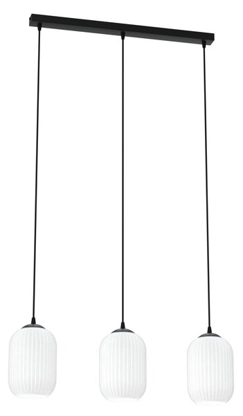 Lampadario 3 Luci Verdi In Acciaio Nero E Vetri Plissettati Color Opale