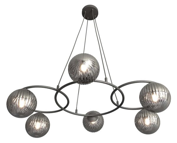 Lampadario 6 Luci Libra A Cerchi E Diffusori In Vetro Rigato Fumè
