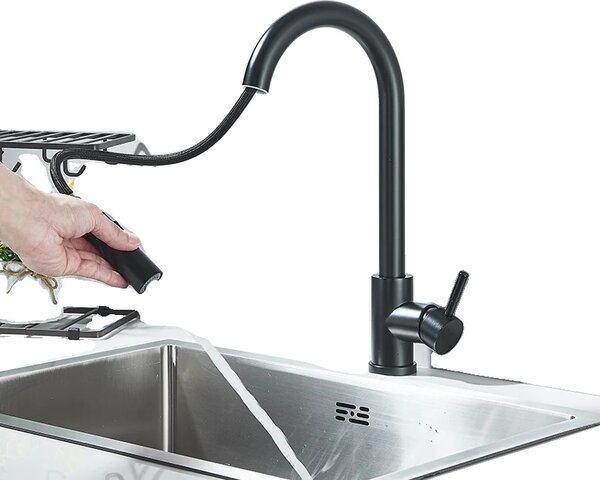 Rubinetto da cucina, doccetta estraibile flessibile, miscelatore acqua calda e fredda, nero opaco