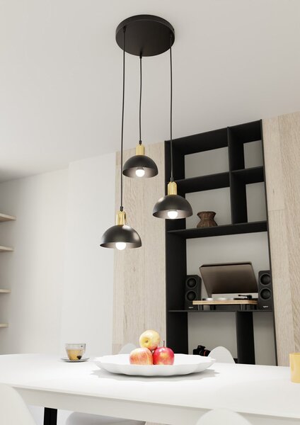 Lampadario 3 Luci Moto Base Tonda In Acciaio Nero E Oro Diffusori A Cupola