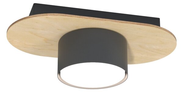 Plafoniera 1 Luce Diaz In Acciaio Nero E Legno Naturale Diffusore A Cilindro