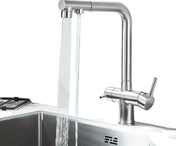 Miscelatore da cucina a due maniglie, acqua fredda e calda, bocca estraibile per acqua filtrata, nichel spazzolato
