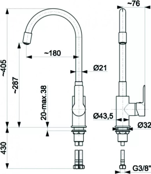 Rubinetto da cucina, 40,5 cm, bianco, con bocca girevole a 360°, Lentis