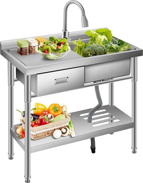 Lavello di servizio, struttura in acciaio inox, rubinetto acqua calda/fredda, cassetto sul lato sinistro