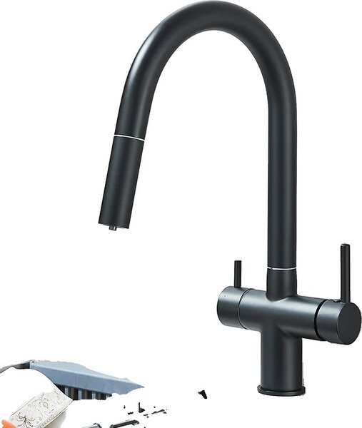 Rubinetto da cucina, Doppia maniglia per acqua fredda e calda, Ugello estraibile, Rubinetto nero opaco