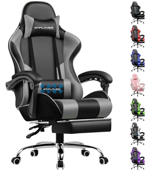 Sedia da gioco GTPLAYER, sedia da ufficio ergonomica con funzione massaggio e poggiapiedi, struttura con maniglie, base in acciaio, grigio