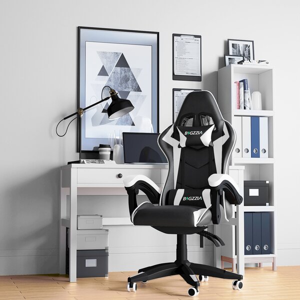 Sedia da ufficio Bigzzia, sedia da gioco, sedia ergonomica per computer, sedia da scrivania, sedia girevole con cuscino, fino a 110 kg, bianco