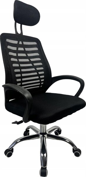 Sedia da ufficio KRIS, sedia girevole ergonomica, schienale in rete, poggiatesta regolabile, seduta regolabile in altezza, base cromata, nera, per ufficio e home office