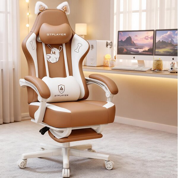GTPLAYER Sedia da gioco carina, sedia da gioco, sedia da ufficio ergonomica sedia da gioco con orecchie di gatto, schiuma di memoria e poggiapiedi, 150 kg in Pelle finta