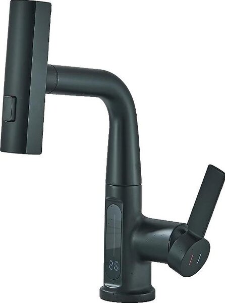 Rubinetto per lavabo, luce LED, doccetta estraibile, nero opaco