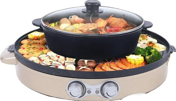 Pentola elettrica con grill, pentola da tavolo da 2200 W e barbecue combinati, piastra antiaderente, doppio controllo della temperatura