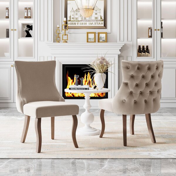 Sedia da pranzo Fortuna Lai (sedia da salotto con esclusiva trapuntatura a bottoni sullo schienale, 2 pezzi), sedia imbottita con rivestimento in velluto e borchie, gambe curve in legno massello, beige (2024.1.4 cambio gambe!!)